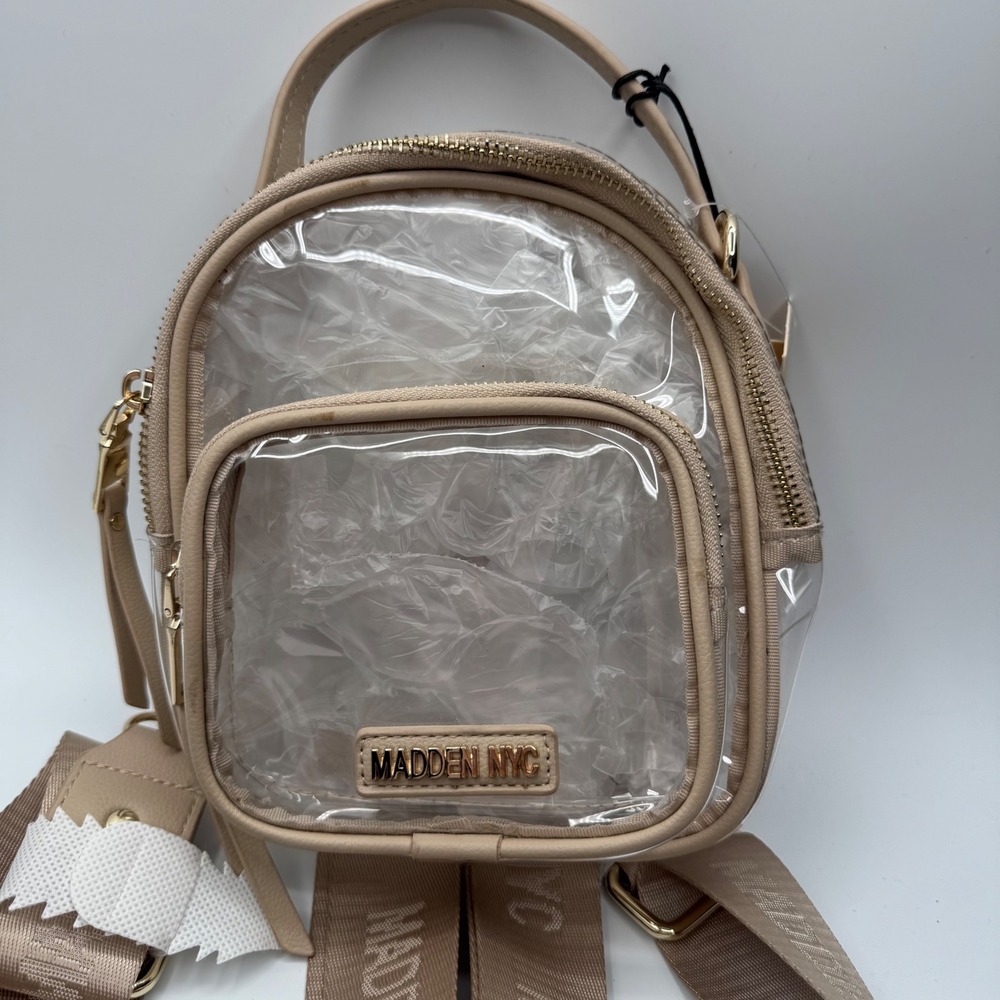 Madden NYC Convertible Mini Backpack Crossbody Clear Beige tan New